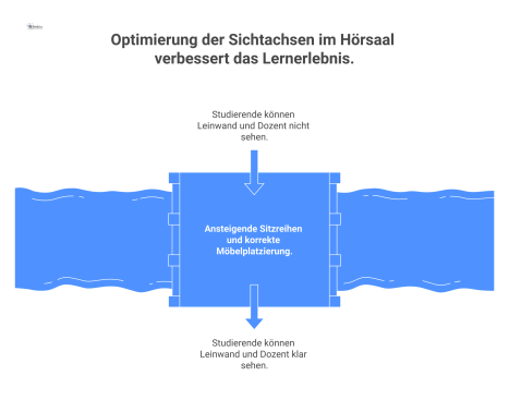 Infografik zur Sichtachsen-Optimierung im Hörsaal, die gute Sicht mit grünen und blockierte Sicht mit roten Linien darstellt.
