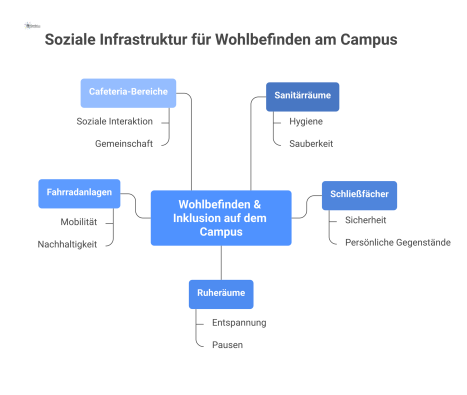 Mindmap zum Thema Wohlbefinden und Inklusion auf dem Campus, die verbundene soziale Infrastrukturen wie Sanitärräume, Schließfächer und Ruheräume aufzeigt. 