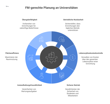 Infografik zur FM-gerechten Planung an Universitäten mit sechs Pfeilern: Betriebliche Nutzbarkeit, Lebenszykluskostenkontrolle, Sicherer Betrieb, Instandhaltungsfreundlichkeit, Flächeneffizienz, Über
