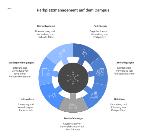 Ein Diagramm zeigt das Parkplatzmanagement mit sieben Funktionsbereichen: Parkflächen, Berechtigungen, Gebühren, Servicefahrzeuge, Lieferverkehr, Sondergenehmigungen und Kontrollsysteme. 
