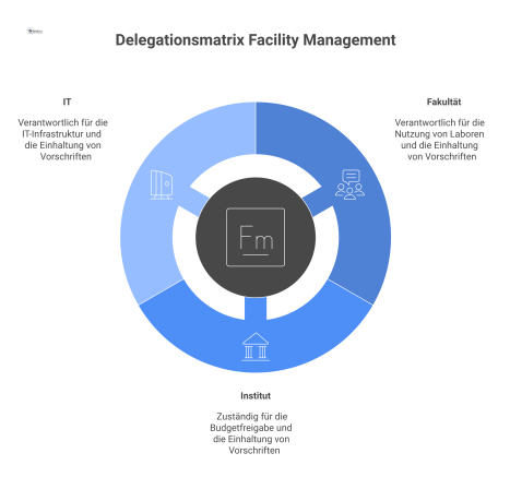 Eine Delegationsmatrix, die die zentrale FM-Einheit einer Hochschule mit Fakultät, Institut und IT verbindet und klare Verantwortlichkeiten definiert.