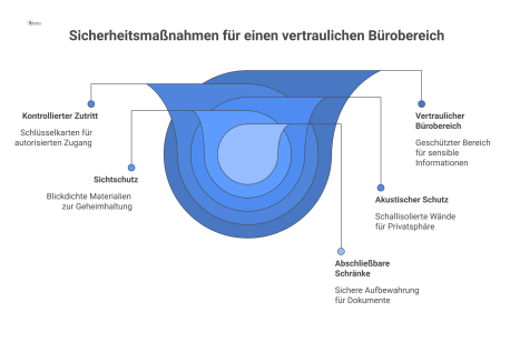 Infografik der Sicherheitsmaßnahmen in einem Büro mit kontrolliertem Zutritt, Schallschutz, Sichtschutz und abschließbaren Schränken für Dokumente.