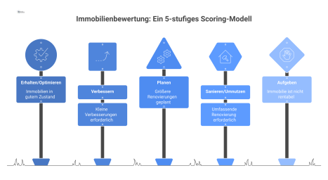 Infografik eines 5-stufigen Scoring-Modells für Immobilienbewertung. Eine Farbskala von Grün (Score 1, günstig) bis Rot (Score 5, kritisch) zeigt die Konsequenzen.