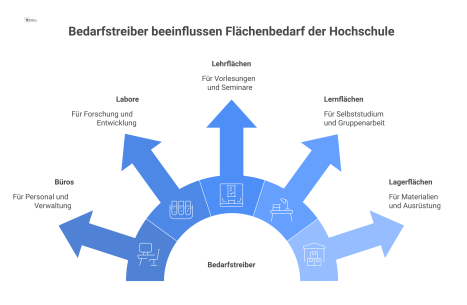 Beziehungsdiagramm, das die Verbindungen zwischen den Bedarfstreibern wie Studierende und Personal und den ausgelösten Flächenarten wie Büros und Labore zeigt.