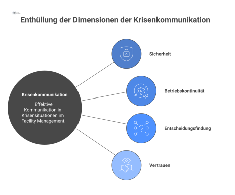 Infografik zur Krisenkommunikation im Facility Management, die zeigt, wie ein zentraler Kommunikations-Hub bei Störungen Reaktionen für vier Ziele steuert. 